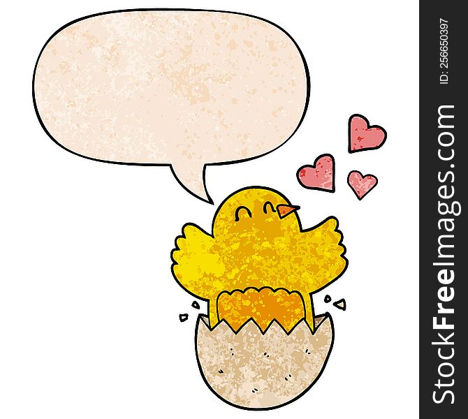 Cute Hatching Chick Cartoon And Speech Bubble In Retro Texture Style