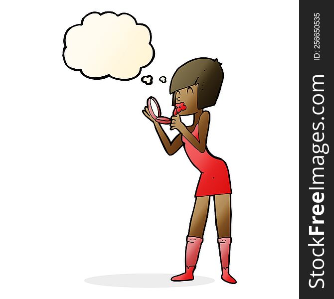 cartoon woman applying lipstick with thought bubble