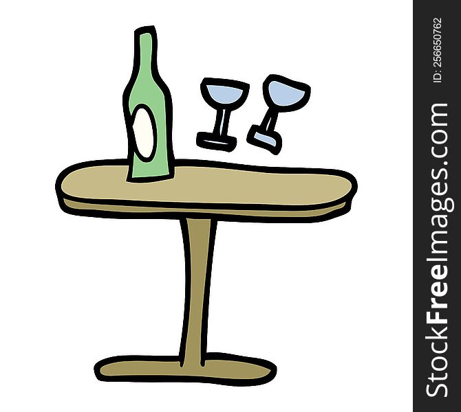 hand drawn doodle style cartoon table with bottle and glasses