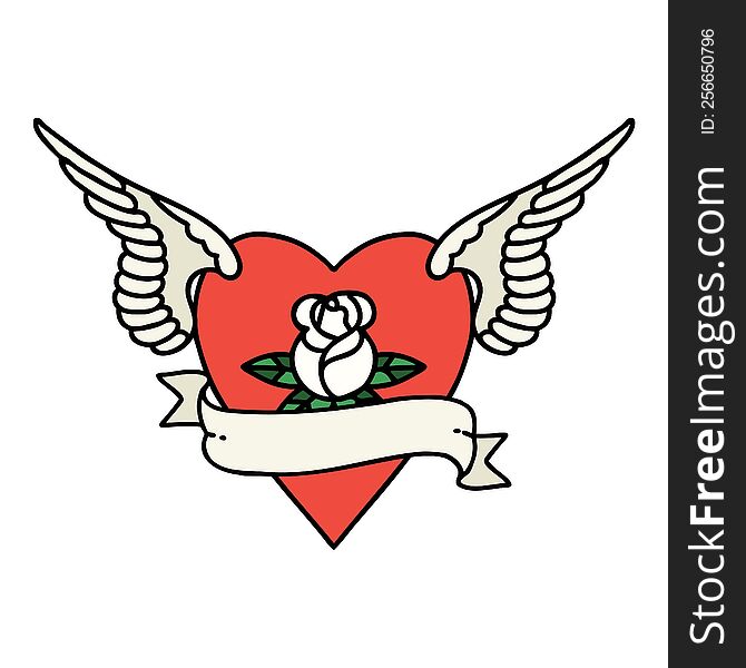 tattoo in traditional style of heart with wings a rose and banner. tattoo in traditional style of heart with wings a rose and banner