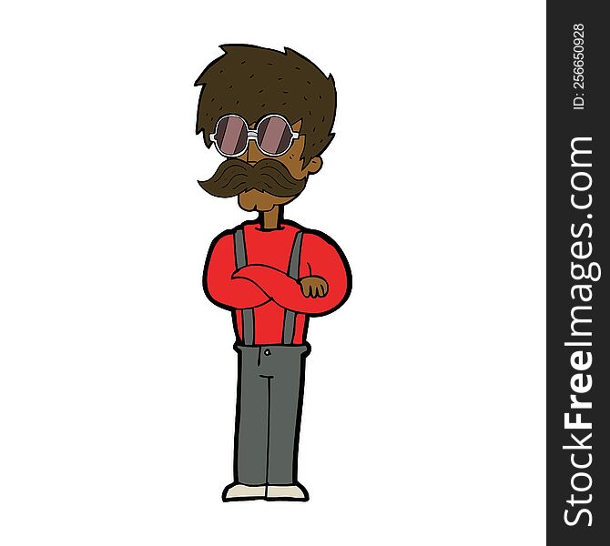 cartoon hipster man with mustache and spectacles