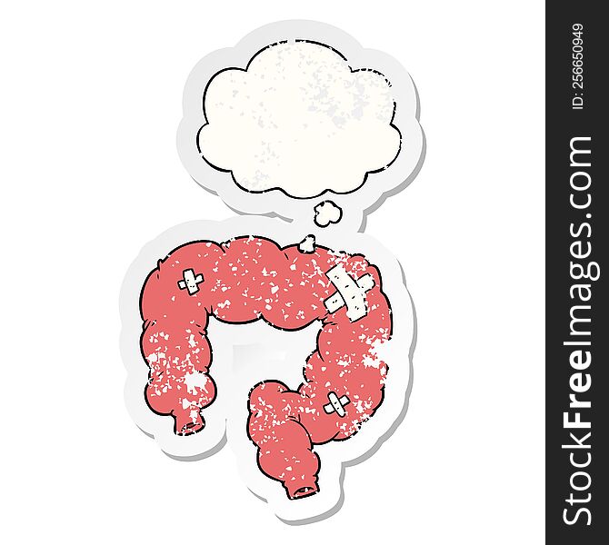 cartoon colon with thought bubble as a distressed worn sticker