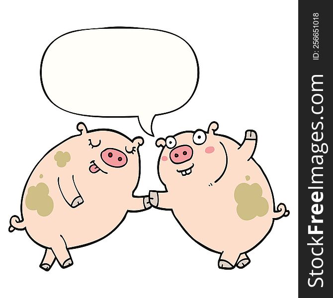 cartoon pigs dancing and speech bubble
