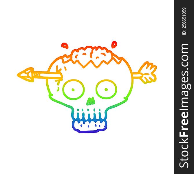 Rainbow Gradient Line Drawing Cartoon Skull With Arrow Through Brain
