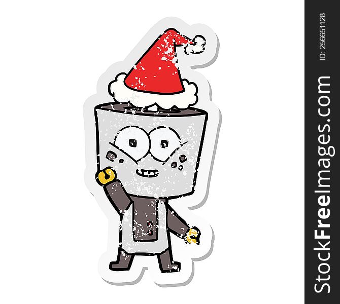 happy distressed sticker cartoon of a robot waving hello wearing santa hat