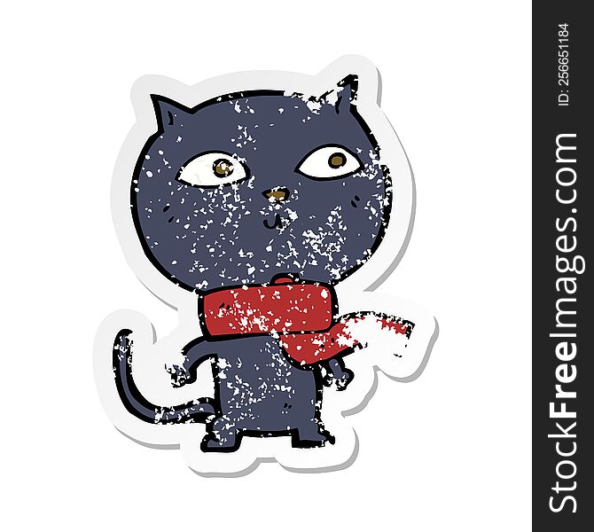 retro distressed sticker of a cartoon black cat wearing scarf