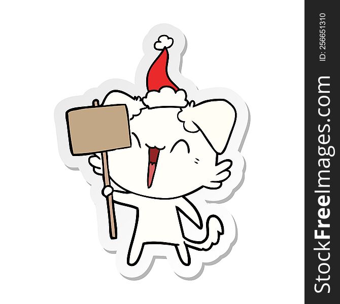 happy little hand drawn sticker cartoon of a dog holding sign wearing santa hat