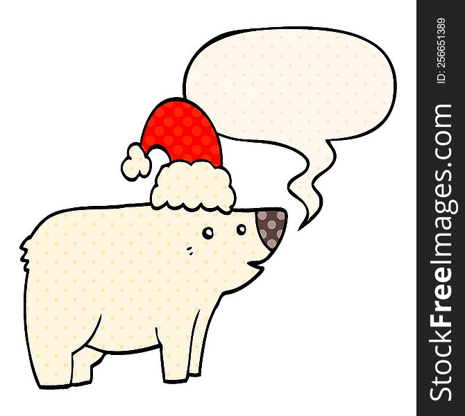 cartoon bear wearing christmas hat with speech bubble in comic book style