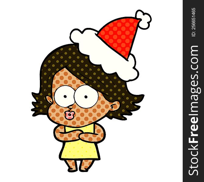 hand drawn comic book style illustration of a girl pouting wearing santa hat