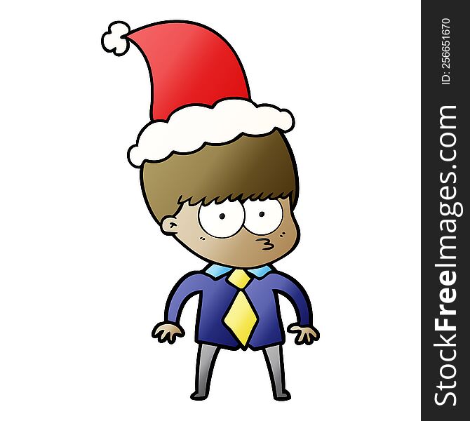 nervous gradient cartoon of a boy wearing shirt and tie wearing santa hat