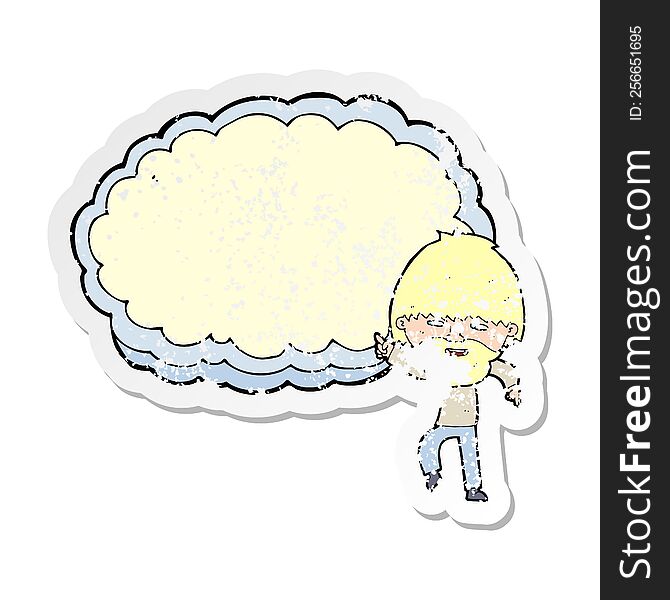 Retro Distressed Sticker Of A Cartoon Man Pointing At Text Cloud Space