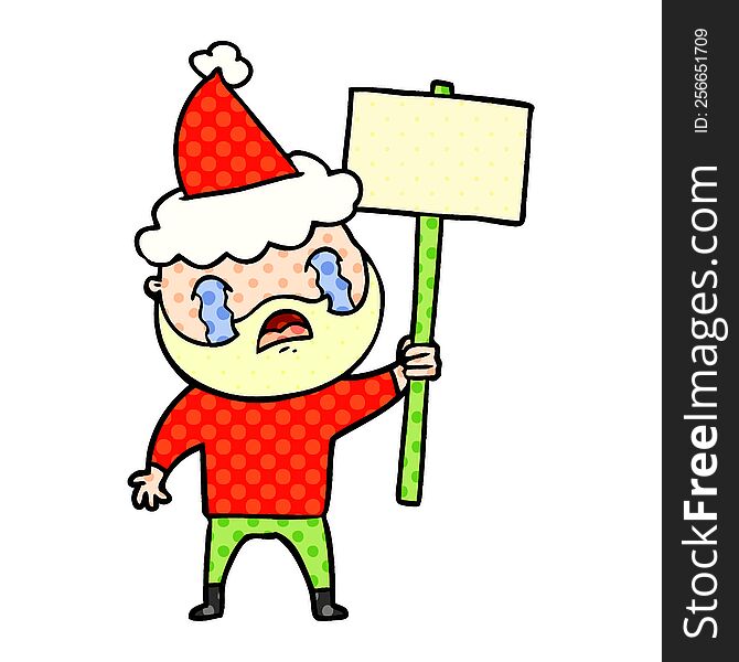 hand drawn comic book style illustration of a bearded protester crying wearing santa hat