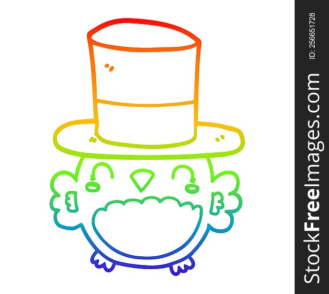 rainbow gradient line drawing of a cartoon owl wearing top hat