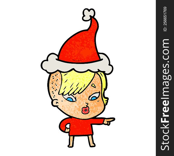 Textured Cartoon Of A Surprised Girl Pointing Wearing Santa Hat