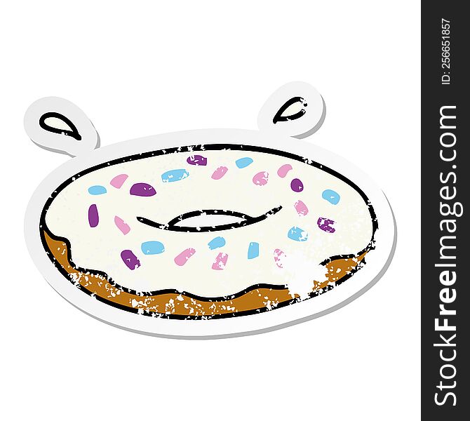 Distressed Sticker Cartoon Doodle Of An Iced Ring Donut