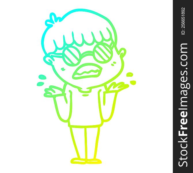 Cold Gradient Line Drawing Cartoon Confused Boy Wearing Spectacles