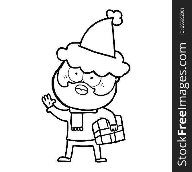 hand drawn line drawing of a bearded man with present wearing santa hat