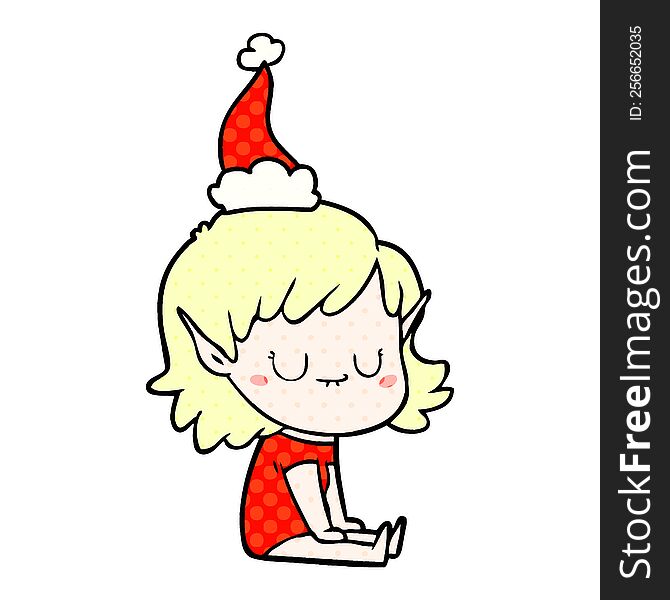 happy hand drawn comic book style illustration of a elf girl wearing santa hat