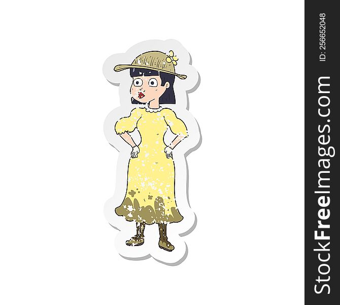 retro distressed sticker of a cartoon woman in muddy dress