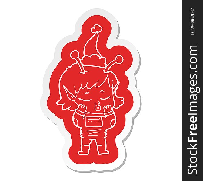 quirky cartoon  sticker of a alien girl wearing santa hat