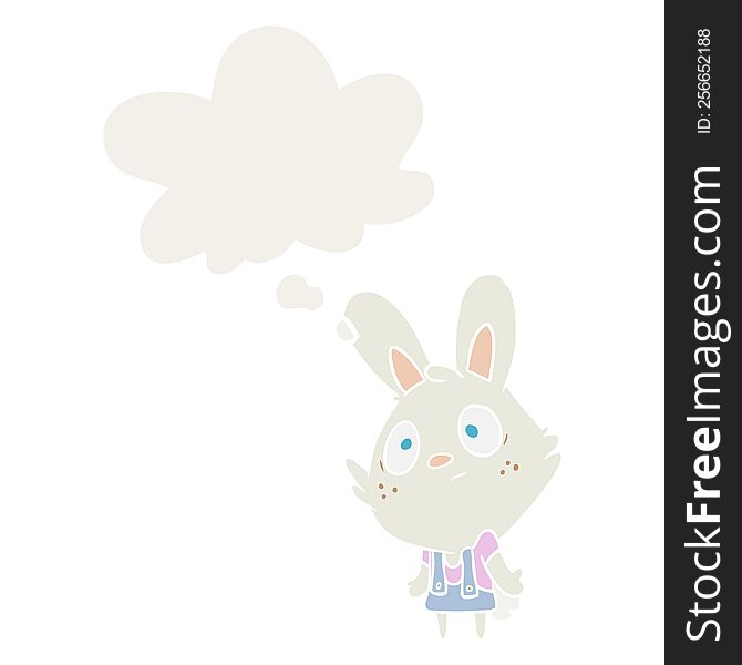 cartoon rabbit shrugging shoulders with thought bubble in retro style