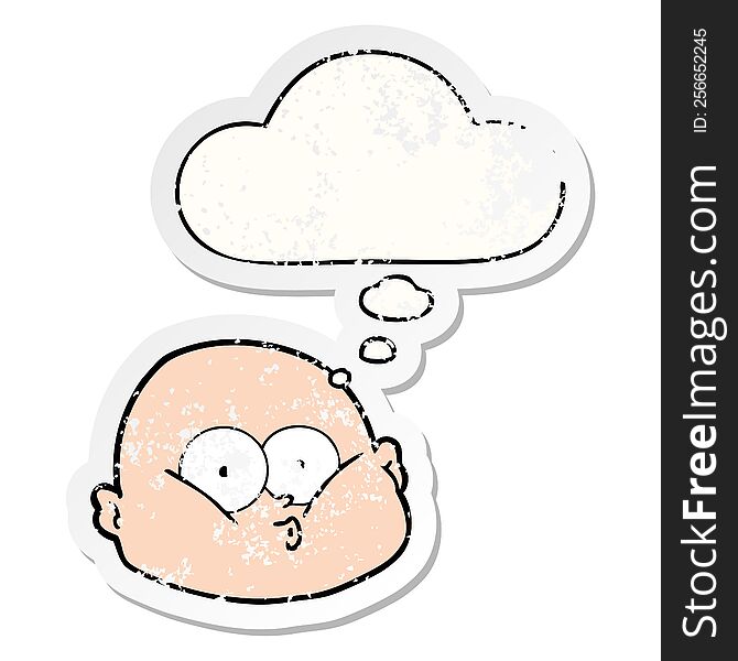 cartoon curious bald man with thought bubble as a distressed worn sticker