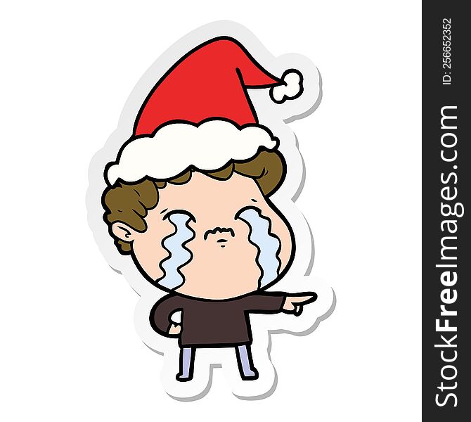 Sticker Cartoon Of A Man Crying Wearing Santa Hat