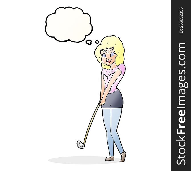 Cartoon Woman Playing Golf With Thought Bubble