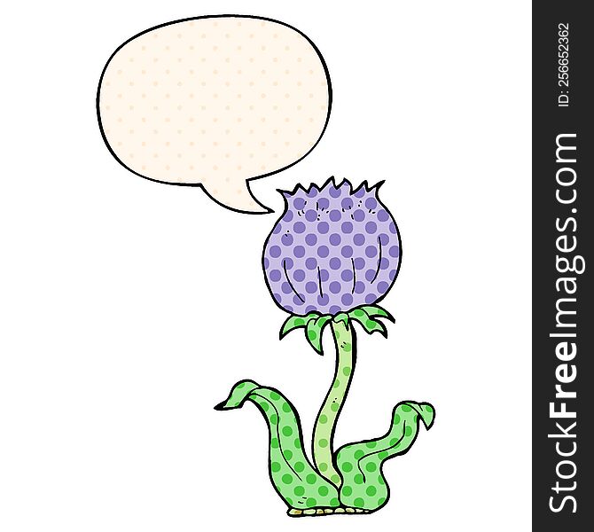 cartoon wild flower with speech bubble in comic book style