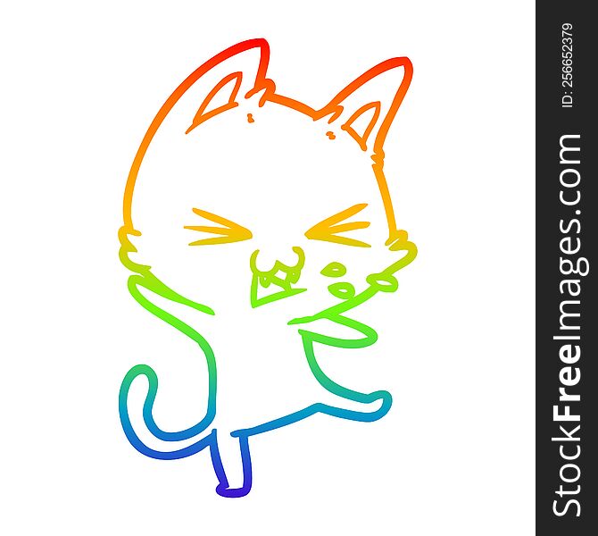 rainbow gradient line drawing of a cartoon cat throwing a tantrum