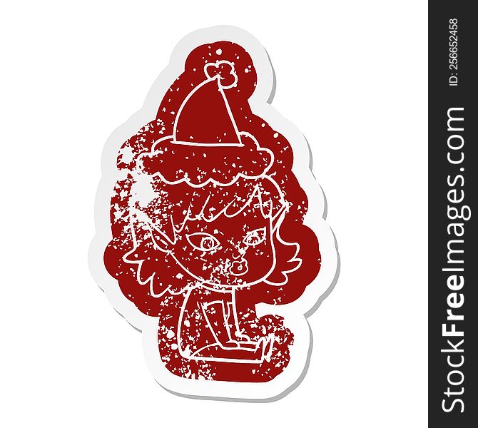 Pretty Cartoon Distressed Sticker Of A Elf Girl Wearing Santa Hat