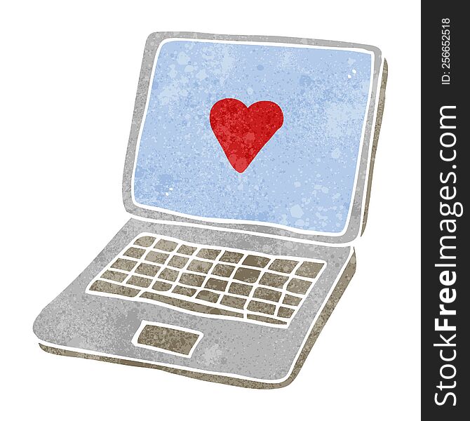 freehand retro cartoon laptop computer with heart symbol on screen