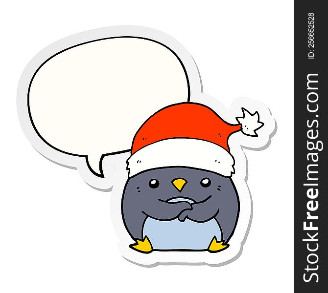 Cute Cartoon Penguin Wearing Christmas Hat And Speech Bubble Sticker