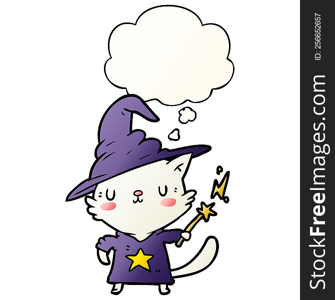 cartoon cat wizard and thought bubble in smooth gradient style