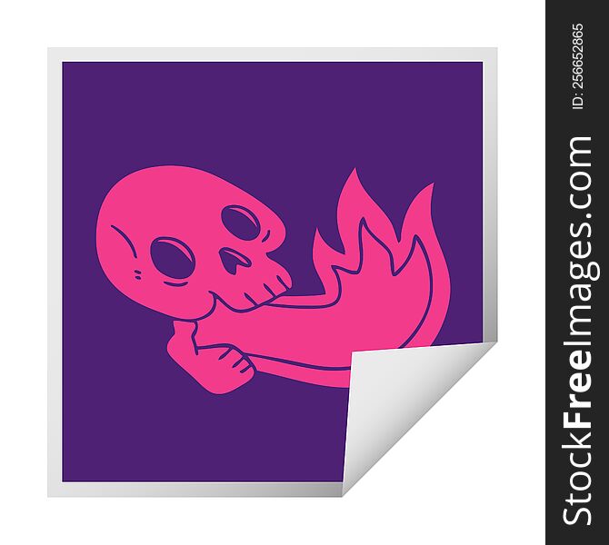 fire breathing peeling sticker of a quirky cartoon skull. fire breathing peeling sticker of a quirky cartoon skull