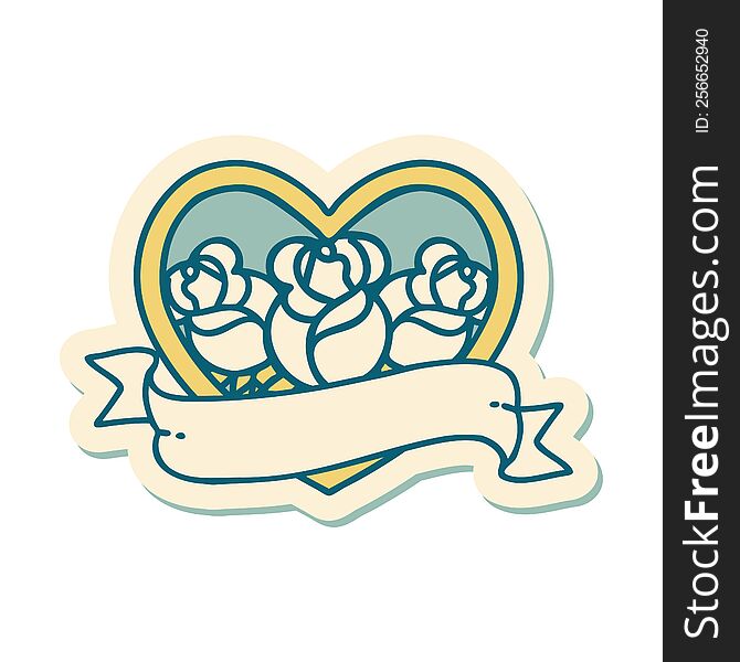 Tattoo Style Sticker Of A Heart And Banner With Flowers