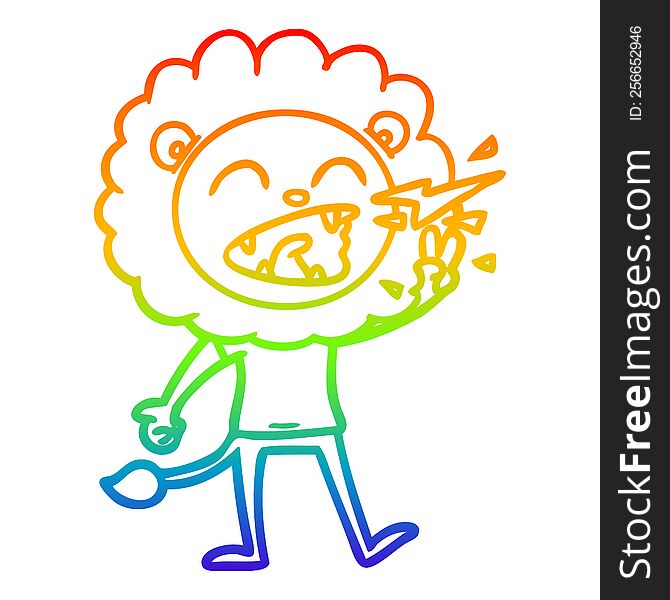 Rainbow Gradient Line Drawing Cartoon Roaring Lion