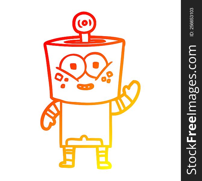 warm gradient line drawing of a happy cartoon robot waving hello