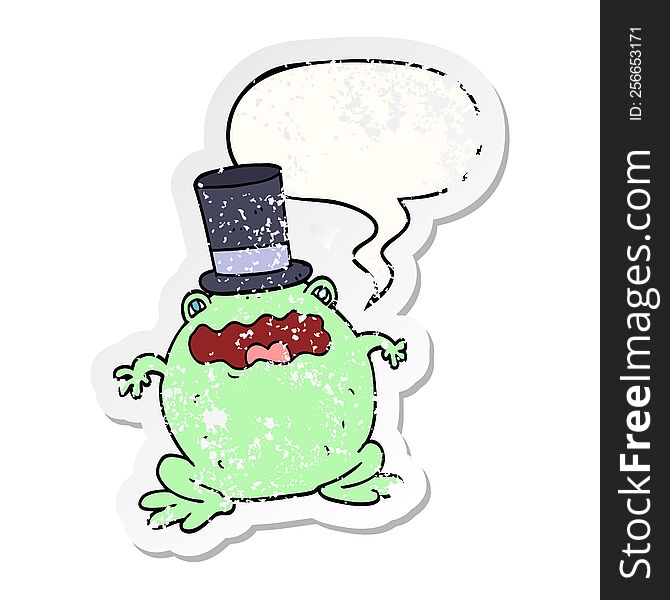 cartoon toad wearing top hat with speech bubble distressed distressed old sticker. cartoon toad wearing top hat with speech bubble distressed distressed old sticker