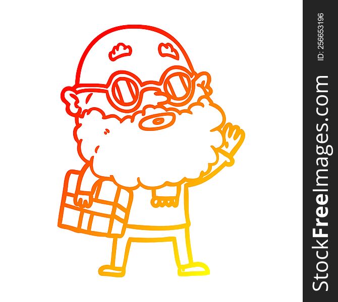 warm gradient line drawing of a cartoon curious man with beard sunglasses and present