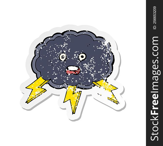 retro distressed sticker of a cartoon cloud and lightning bolt symbol