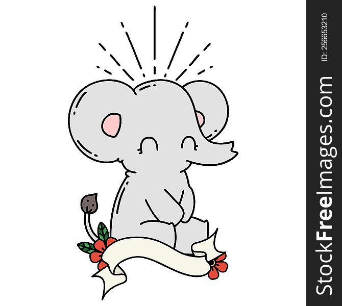 Banner With Tattoo Style Cute Elephant