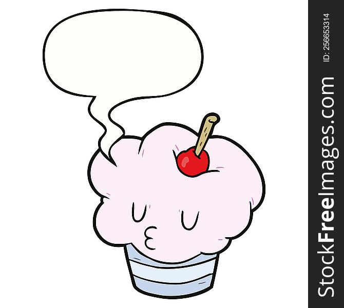Funny Cartoon Cupcake And Speech Bubble