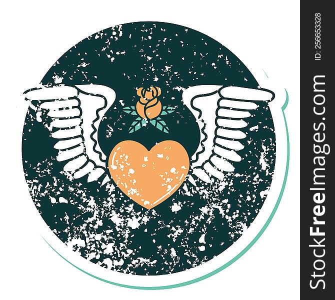 iconic distressed sticker tattoo style image of a heart with wings. iconic distressed sticker tattoo style image of a heart with wings