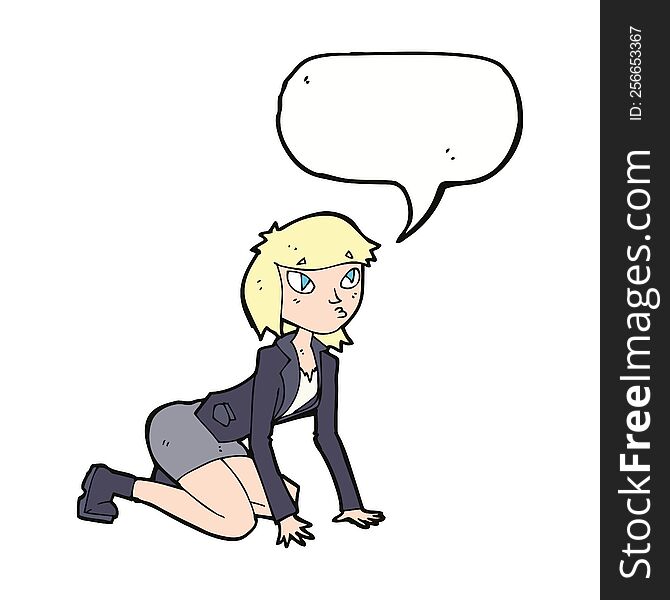 cartoon woman on hands and knees with speech bubble