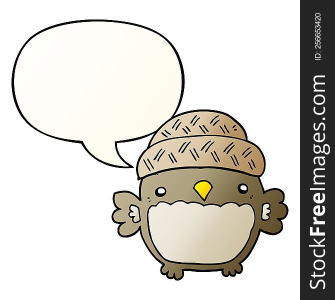 Cute Cartoon Owl In Hat And Speech Bubble In Smooth Gradient Style