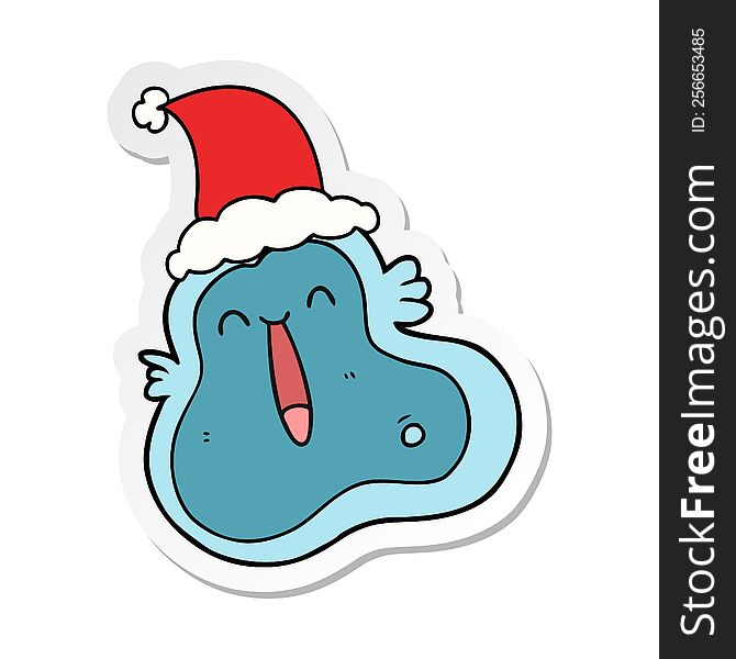 hand drawn sticker cartoon of a germ wearing santa hat