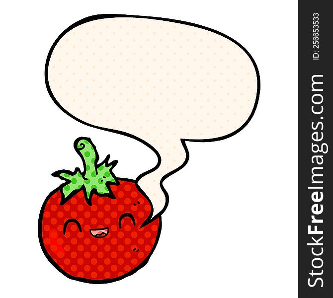 cute cartoon tomato with speech bubble in comic book style