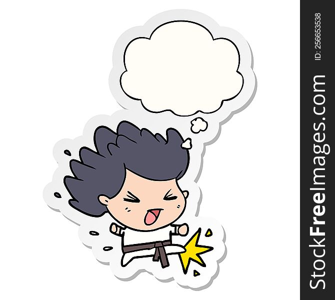 cartoon kicking karate champ with thought bubble as a printed sticker