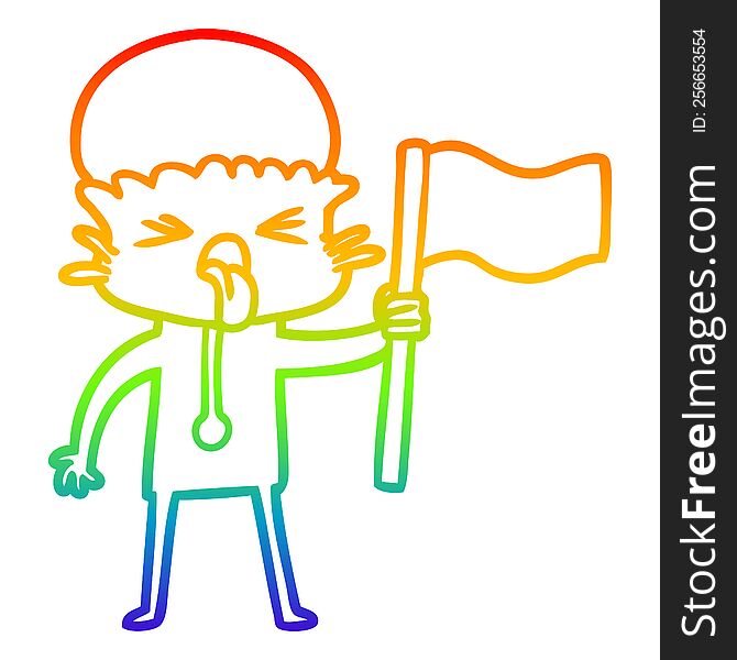 rainbow gradient line drawing of a weird cartoon alien waving flag